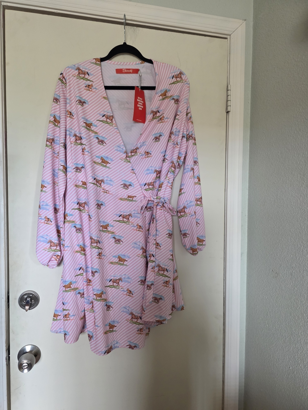 Pink Striped Wrap Dress With Horse Print